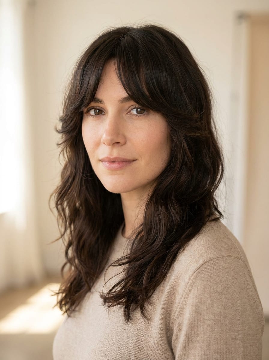 Butterfly Cut mit Curtain Bangs - Lange Haare mit Pony
